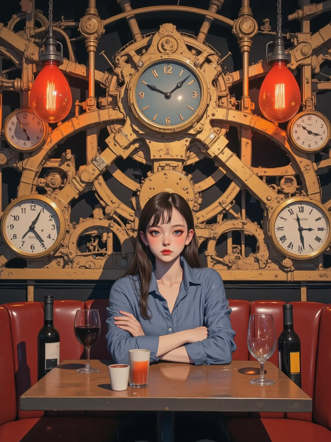 The image is a unique steampunk-themed restaurant scene with large cogs and clockwork machines adorning the entire restaurant,A female customer is sitting at a wooden table, Industrial-chic setting,Wines and drinks,dim, Ambient lighting enhances the atmosphere, highlighting the intricate mechanical details and numerous clock faces that adorn the space,gears and clocks of all sizes,In a creatively designed environment,Lively,An intimate dining experience, masterpiece,very real ,  Virgil Finley's style,asymmetrical background,full color , anatomically accurate, exquisite , vintage clock and gear on the background wall,casual restaurant setting, The focus is a woman in a blue shirt and jacket sitting in the center,sitting at the center table,lively yet relaxed atmosphere,is an enclosed space rather than open