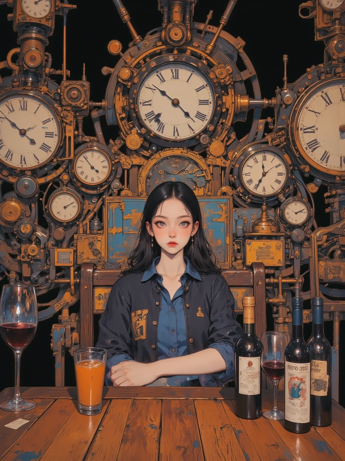 The image is a unique steampunk-themed restaurant scene with large cogs and clockwork machines adorning the entire restaurant,A female customer is sitting at a wooden table, Industrial-chic setting,Wines and drinks,dim, Ambient lighting enhances the atmosphere, highlighting the intricate mechanical details and numerous clock faces that adorn the space,gears and clocks of all sizes,In a creatively designed environment,Lively,An intimate dining experience, masterpiece,very real ,  Virgil Finley's style,asymmetrical background,full color , anatomically accurate, exquisite , vintage clock and gear on the background wall,casual restaurant setting, The focus is a woman in a blue shirt and jacket sitting in the center,sitting at the center table,lively yet relaxed atmosphere,is an enclosed space rather than open