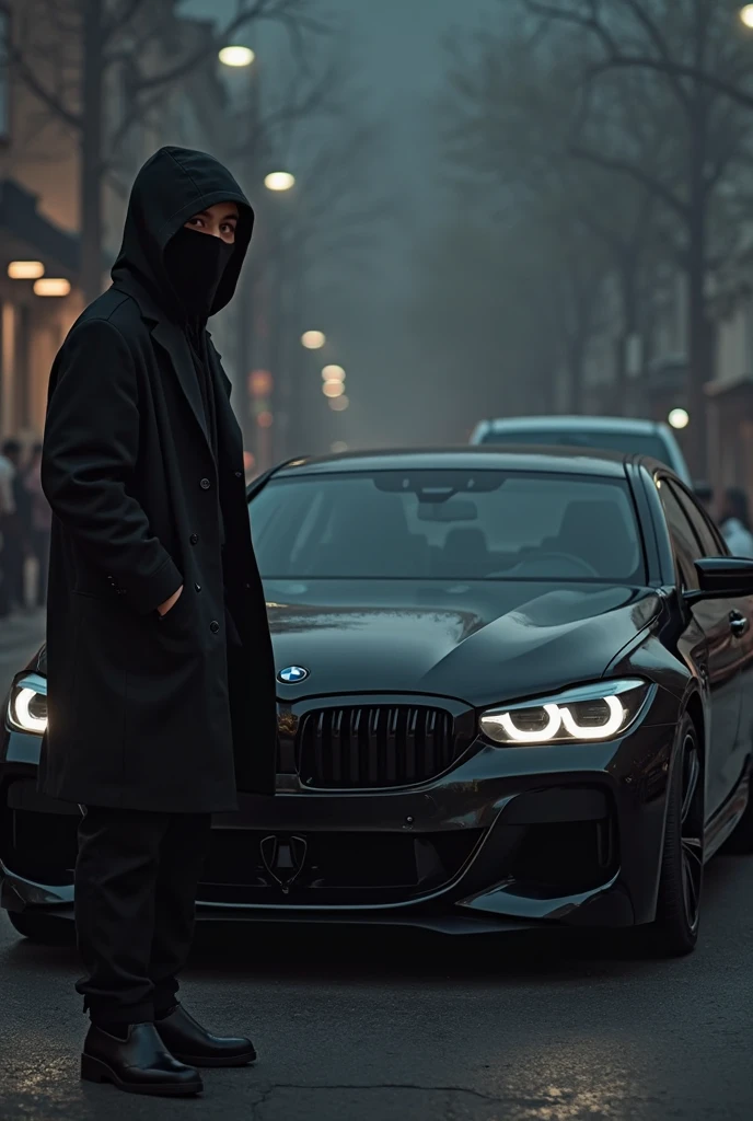 Create a person with a black winter jacket and black jogging pants and Nike tn shoes and a black ski mask and he sits on the mount of a bmw m3 g80 in black at night 