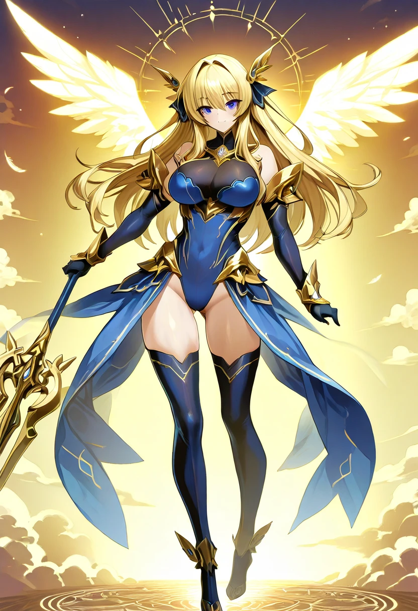 ((masterpiece,Highest quality:1.3,best quality illustration)),realistic,cowboy shot,1woman,female knight、(20 year old beauty),((very small head:1.4)),((ideal ratio body proportions:1.3)),blonde hair,twin tails,straight long hair,bangs,gorgeous eyes,Blue eyes,smile,(knight armor、navel、Blue pleated mini skirt),((slender body,skinny)),small breasts,gleaming skin,shiny skin,grassland、battlefield、Sword and sorcery fantasy world、