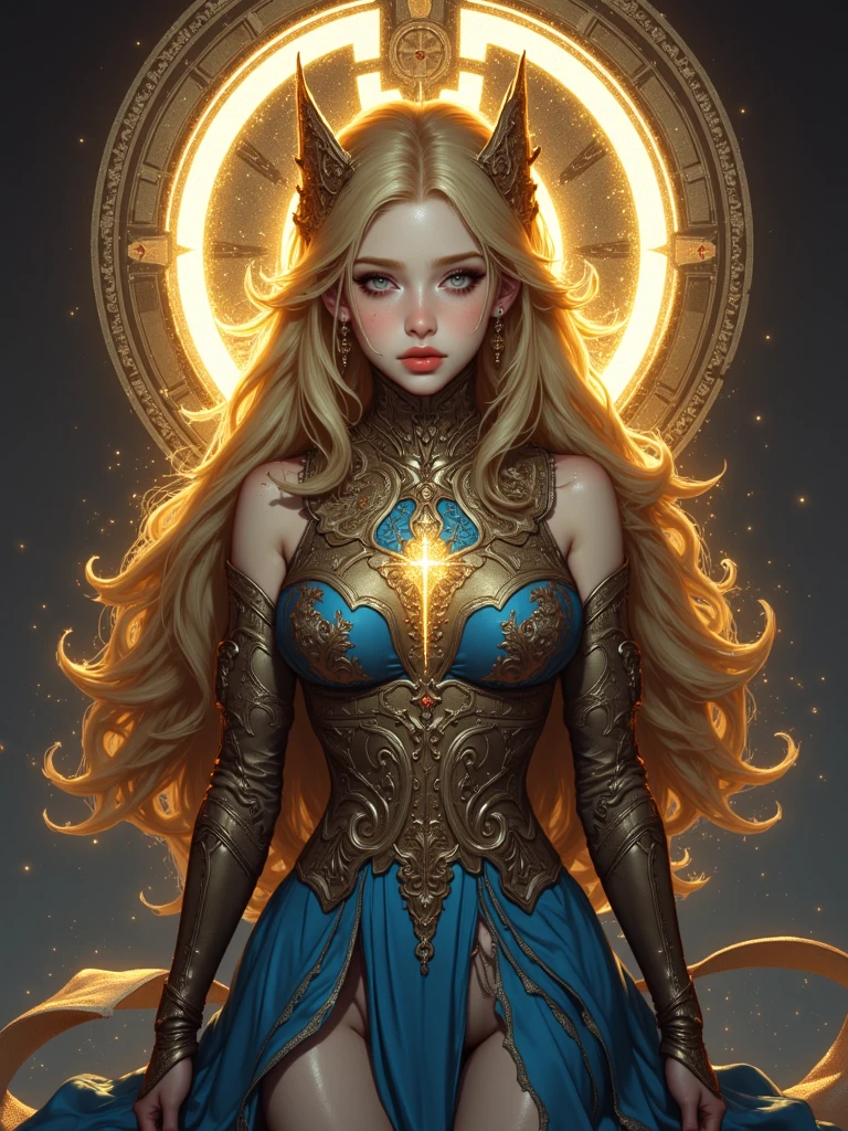 Masterpiece, age girl, light orange long hair, gorgeous face, azure eyes, highly detailed eyes, emphasizing the face, beautiful and gorgeous golden gown, bizarre, awe-inspiring, detailed geometric patterns. Intricate details, looking at the viewer, many complex bright and dark cosmic backgrounds, details in the fifth dimension. Perfect proportions, 30k, exquisite clothing details, high detail, perfect lighting, cinematic lighting, sharp focus.