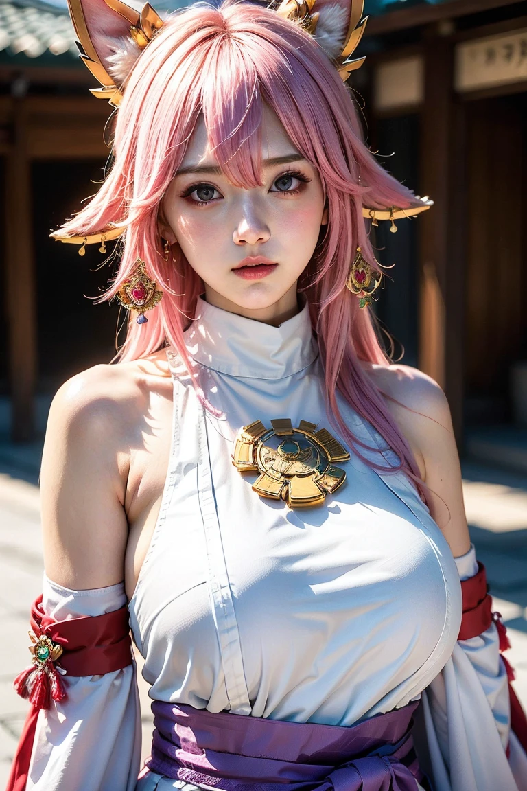 (animetoreal:1),(masterpiece, best quality,high quality,White skin,Beautiful detailed face),(realistic:1.2),photorealistic,perfect lighting,(extremely detailed CG:1.2),(masterpiece, best quality:1.2),1girl, Yae Miko,Yae Miko(genshin impact), long pink hair, fox ears , purple eyes, a large gold ornament, uppper body