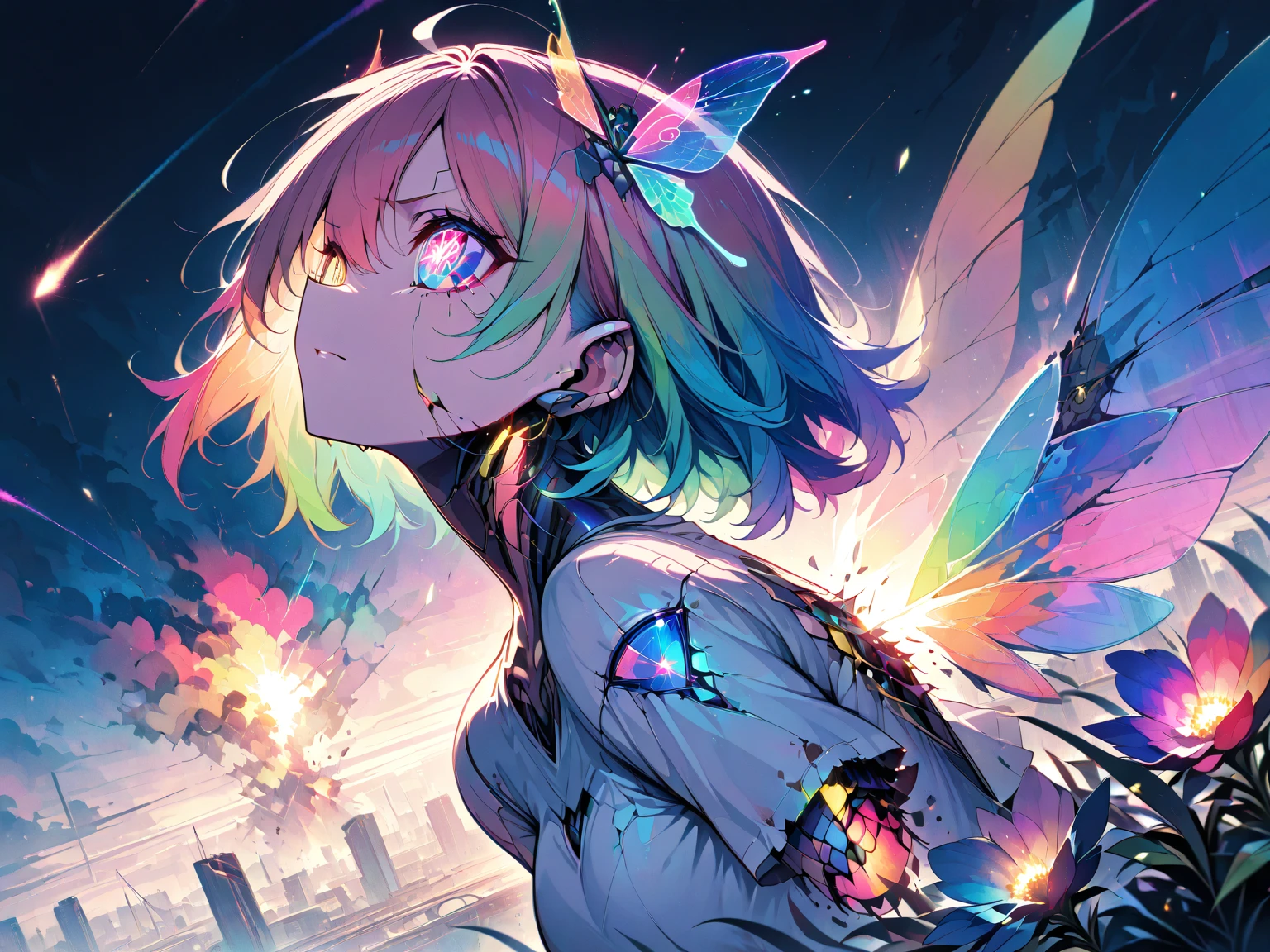((Masterpiece)), top quality, absurd, highly detailed, holographic, fairy girl,face veraa, detailed face, beauty smile,super beautiful asian girl with very beautiful lime blue eyes, shining tear, beautiful glowing lime blue hair, long straight hair, wearing a dress lime blue,(cleavage:1.3),glass high heels, very beautiful and radiant fairy wings, focus fairy wings, detailed fairy wings, lying in a psychedelic fairy forest with crazy mushrooms, all over the body, view top, detailed face, focused face,