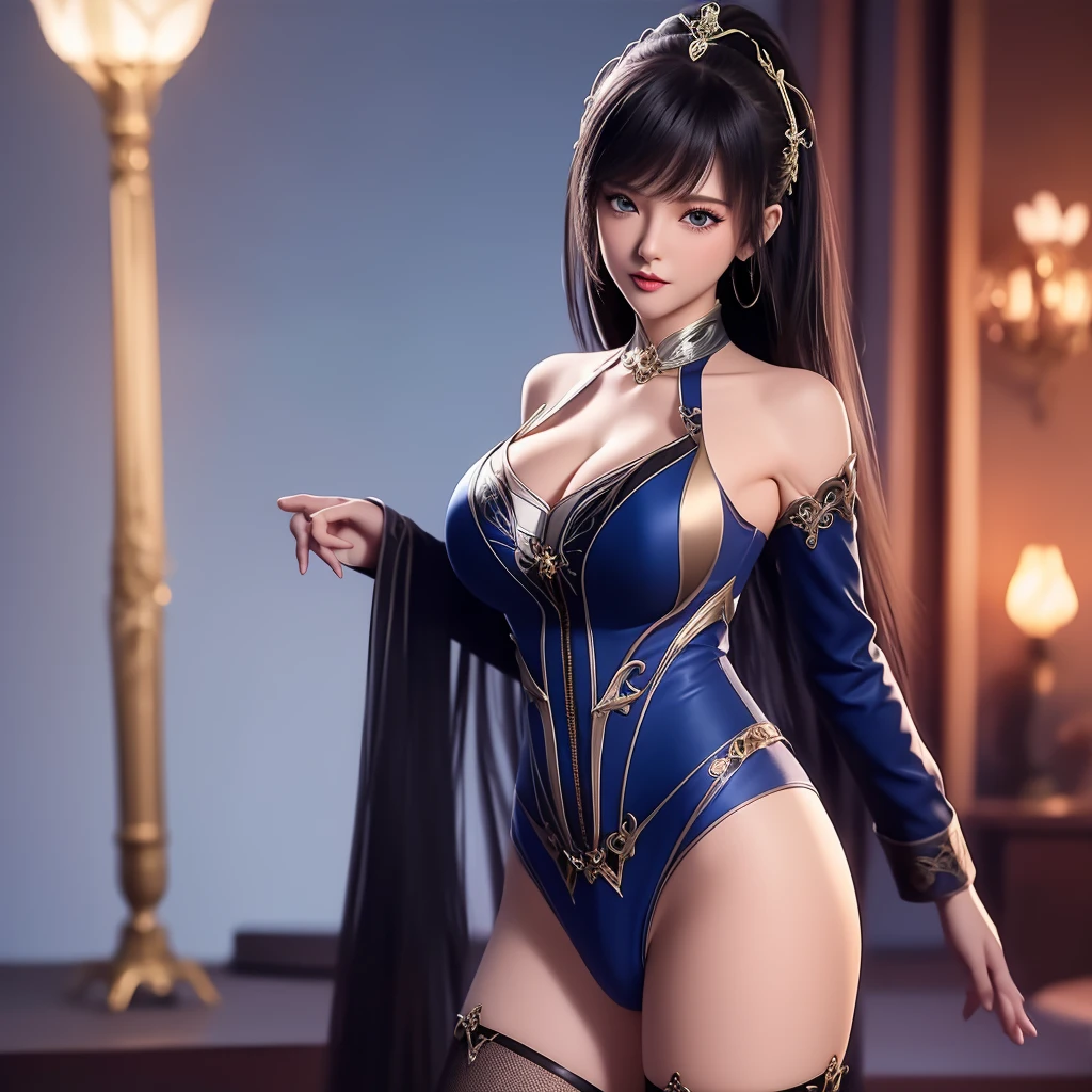 black long hair , wearing a micro bikini, kneel down, feet and five fingers, Background backlight masterpiece, highest quality, 1 girl,thin waist,bangs, Ribbon Ponytail, brown hair, (blush:1),That costume only opens wide at the chest......, beautiful big breasts, (erect nipples:1),Thighhighs