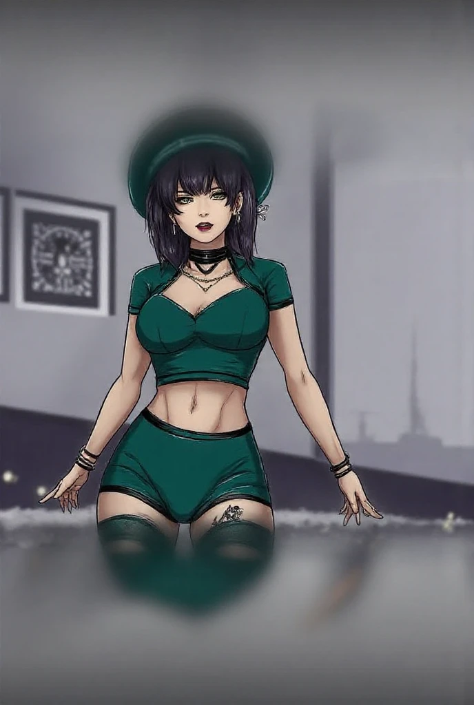 (solo:1.1),(masterpiece), (best quality:1.3),, highly detailed, intricate, professional art, digital art, absurdres, confidant, emerald sustrai, futanari emerald sustrai wearing a Spiked-choker fishnet-crop-top with arm gloves and pants posing confidently in a club,(Black see through top:1.4), (pants:1.6), 1girl, solo, (dark skin:1.5), green hair, bob hair, gold hoop earrings, gold jewellery, ab lines,(gold navel piercing:1.1), detailed stomach, red eye colour, dark skin, average breasts, (aroused:1.2), (futanari:1.1), (wide hips:1.4), (makeup 1:1), beestung lips, (black lipstick:1.3), large penis, panty straps riding hips, (large crotch bulge:1.4), crotch bulge, large testicles , furniture, frontal view, universal lighting