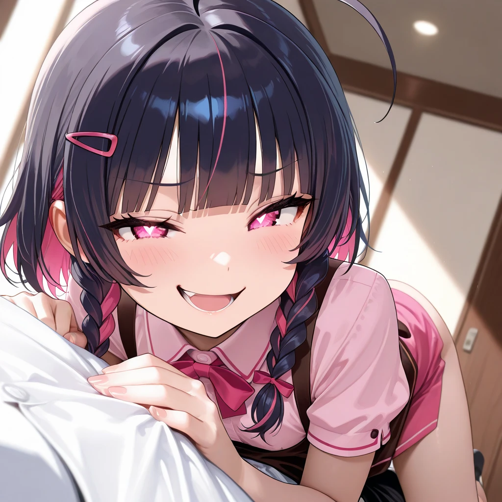 masterpiece, high quality, Perfect Face, Beautiful Face, Photo Background,Perfect Skin, Beautiful Skin, Soft Skin, Glowing Skin, Intricate details, Delicate pattern, best quality, masterpiece, (midnight:1.3),(from front:2),1girl, (Slender:1.3), small breasts, (grayblack hair:1.3),(cherryred colored inner hair:1.2), twintails, (detailed red eyes:1.1), (ass pov:1.2), sleeves rolled up, Long sleeve, black knit vest, plaid skirt,red ribbon,school uniform ,love hotel,(bedroom:1.4), pink room,sit in a bed,(white pantie:1.2),(embarrassed), (blush:1.1),(naughty face:1.2)