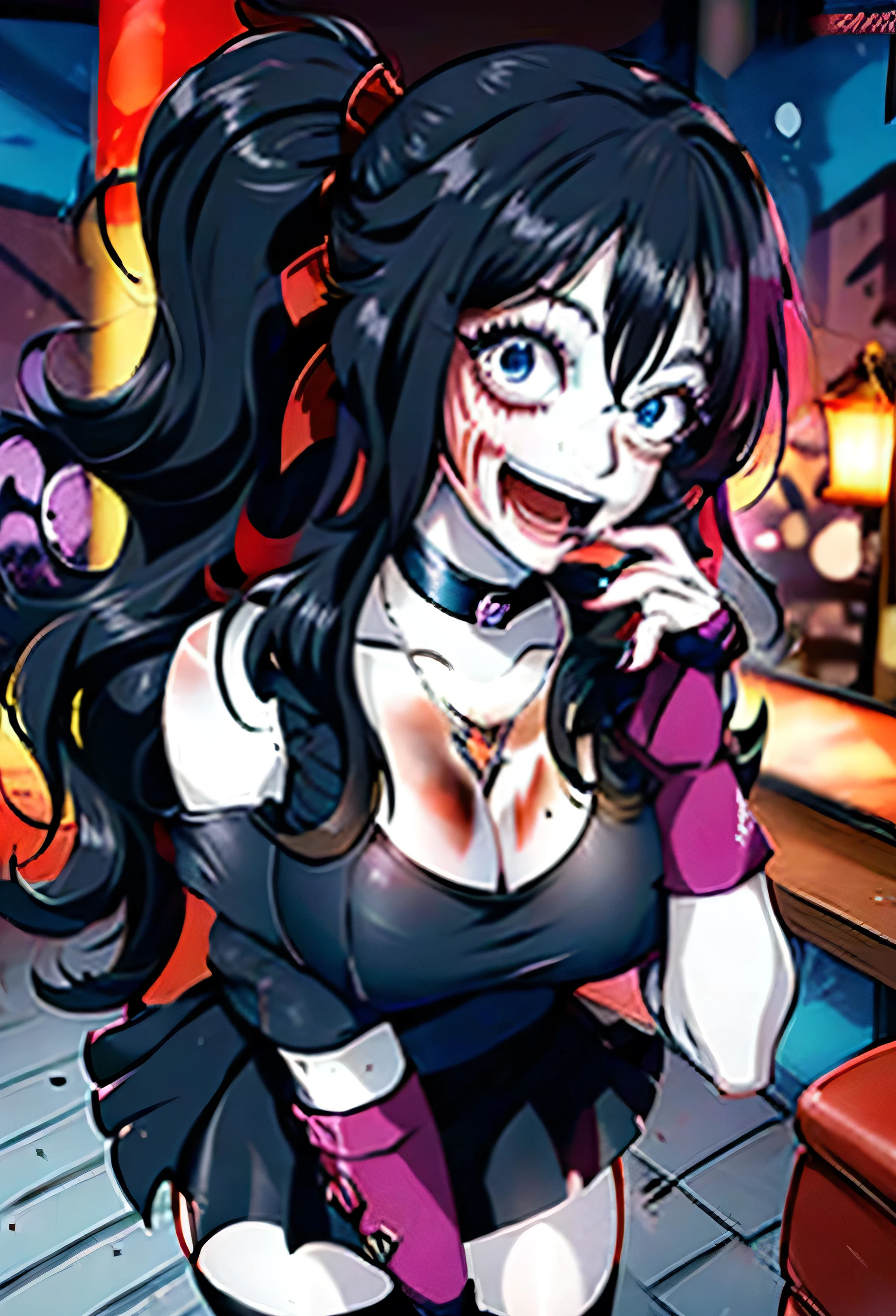 The best quality, (Masterpiece),in front ( computer), (High Quality), (model dbz), Nina the killer, white skin, , black necklace, pink hair, below, red bow, long hair, black hair, blood, bicolor hair, , bow, multi colored hair , secondary knife, colored hair , of horse, blue eyes, large, secondary, Alone , hair between the eyes, choker, collarbone, hair bow, blood on knife((standing,))open legs looking at the spectator from las piernas,legs up)
(from the front)
(looking at the spectator)
(shake,motion blur)huge breasts, mind control,hypnosis,hypnotized,empty eyes,pupilas en forma de pechos larges viste un disfraz de vampira capa negra , fingerless gloves chains on clothing black and red striped stockings, long long,Bare thigh smile , sweet and tender and sexy, open mouth, hands behind the head