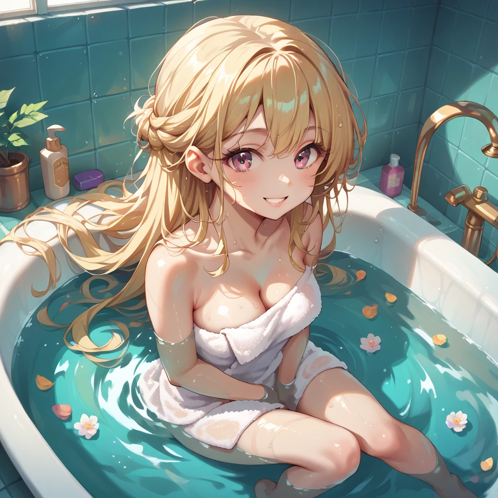 (nsfw), ((1girl)), ((masterpiece)), realistic, ((highly detailed:1.3)), beautiful princess bathing in a marble tub, ((very long blonde hair)), wet hair, wearing a sheer bathrobe, clothed bathing, ivorygoldai, royal palace bathroom setting, steam, ornate marble tub, (rose petals floating in water:1.3), early morning light, windows, crepuscular lighting, dynamic pose, dynamic angle