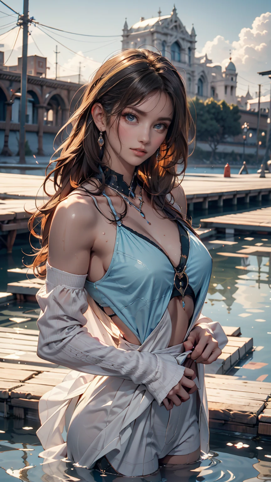 8 K, Best quality, masterpiece, ultra high resolution, (Realism: 1.4), Original photo, (realistic skin texture: 1.3), (detailing: 1.3), I look at the viewer, (30 years),woman , blonde hair hair,(beautiful detailed eyes), (scarlet pupils) , detailed face, beautiful exquisite facial features, masterpiece, Best quality, Close-up, стоит на lap в молитве,( huge tits), (((white fitted dress))),(((temple priestess))),(Cross around the neck), lap,Prayer
