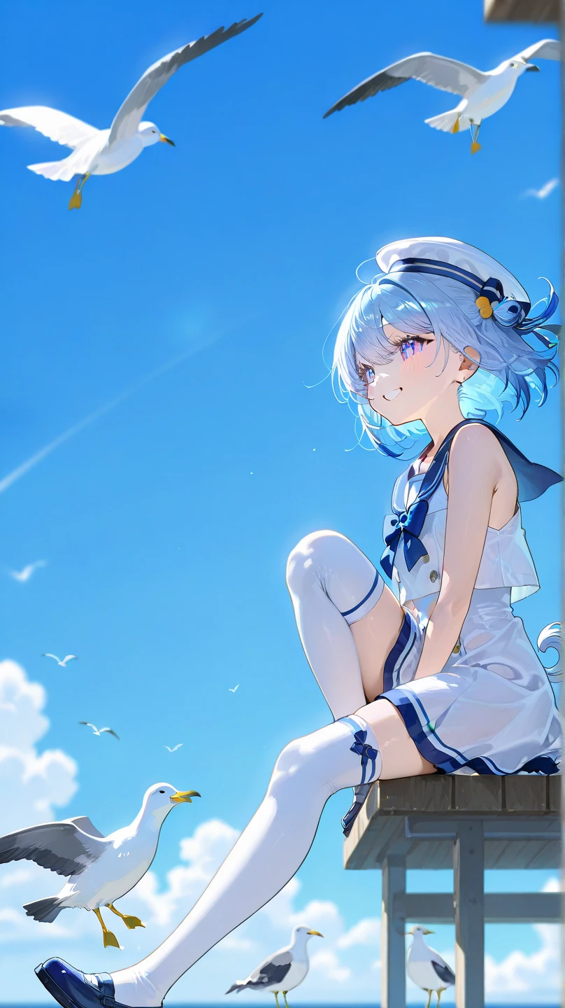 The ultra -The high-definition、high-level image quality、top-quality、Full feet and hands、complete fingers、Beautuful Women、1 persons、white hair、Bery short hair、ssmile、White Sailor School Swimsuit、Summer Beach