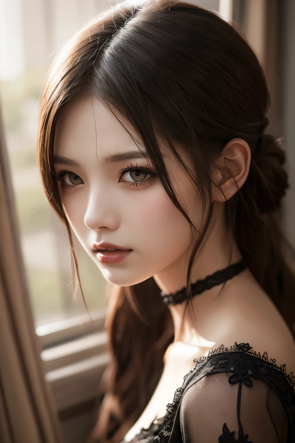 realistic gothic digital art、Realistic gothic style down to the smallest detail、 Woman's face, dark hair and eyebrows, straight expression, Smile at your mouth 、SOFT SKIN, bright background, contrast between light and shadow,scary face like it came from hell、Hell Girl、pink lips、dazzling light from behind、Like the Mona Lisa、drinking wine