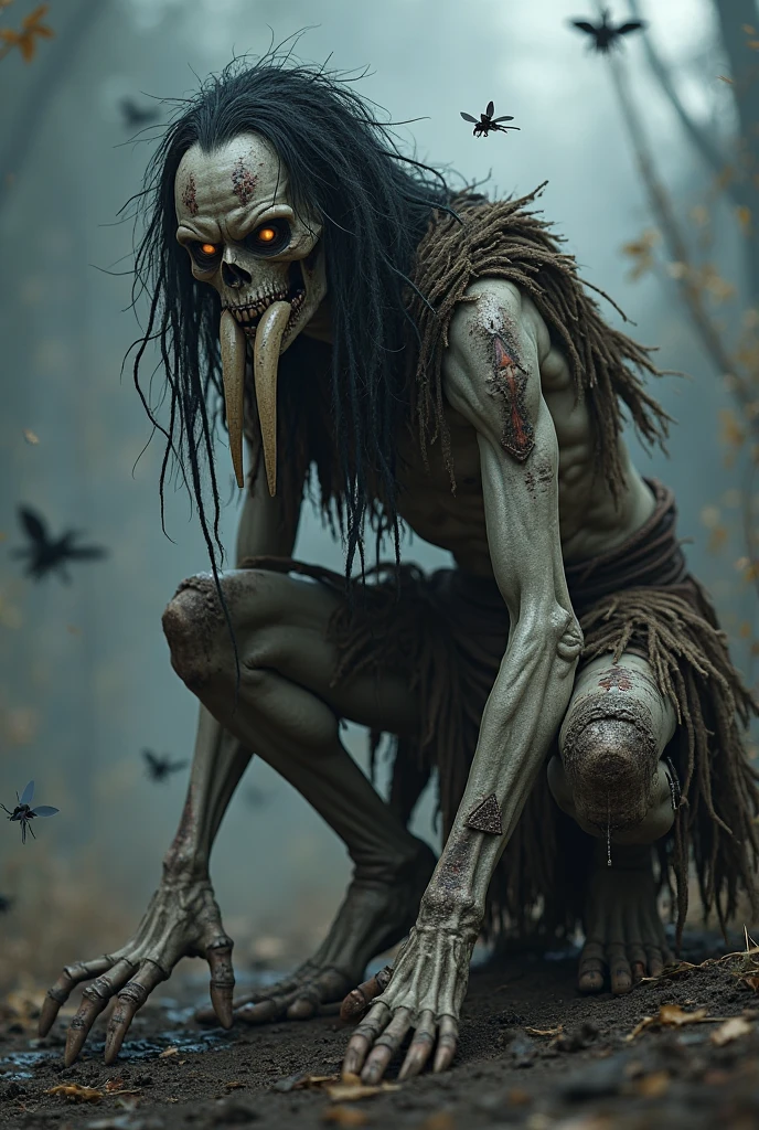 (masterpiece,extremely detailed,realistic,best quality,high resolution,sharp outline,bright colors),((covered in vines)),metallic,insanely detailed,made of wood,forest creature,[skeleton],bark skin,enchanted,bones,skull mask,((red)),thorns,owl ears,[dreadlocks], reaching out, ((fractal))