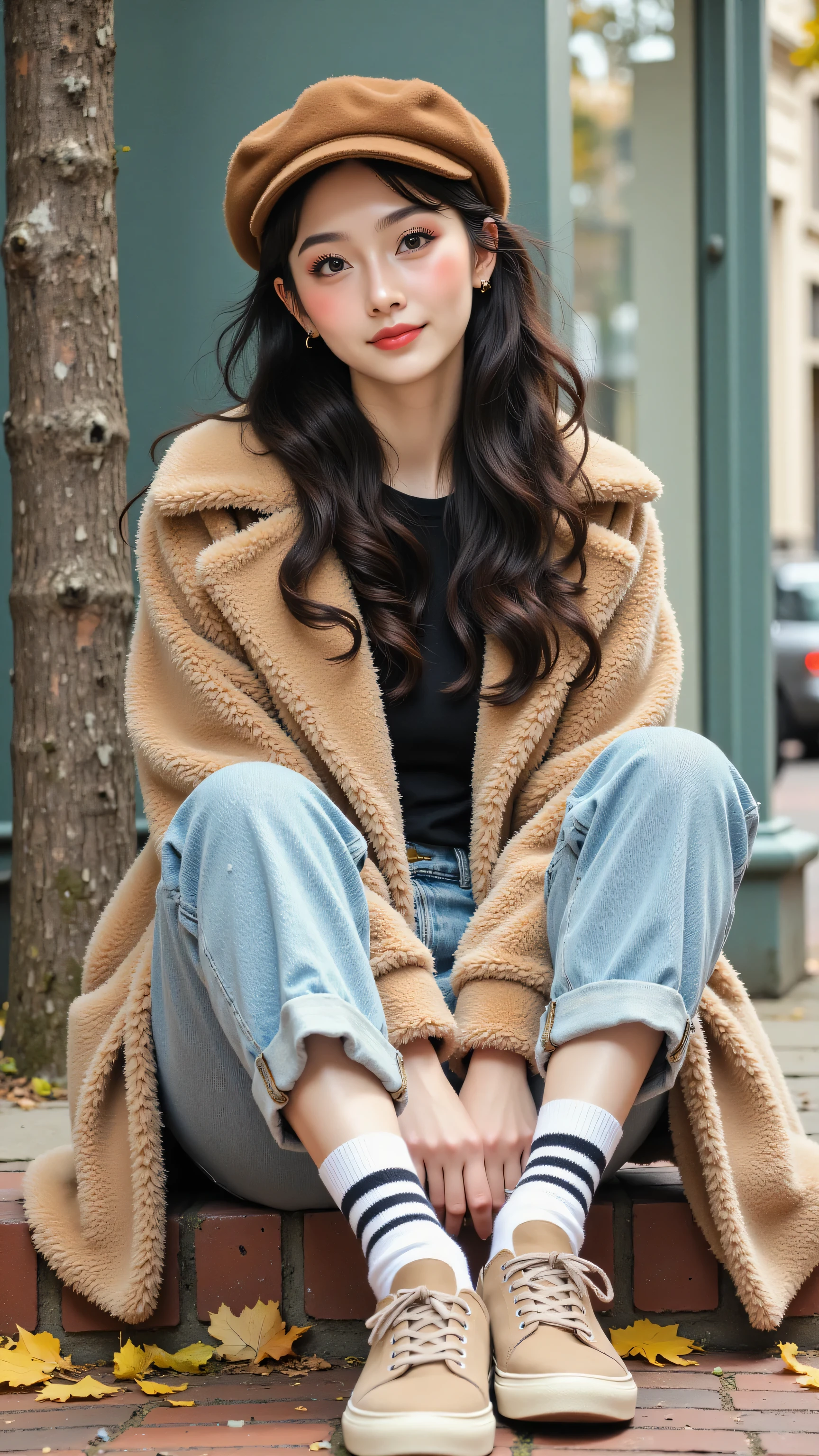 8k, Masterpiece, Top Quality, Medium shot, eye-level viewpoint, woman with long dark wavy hair, fair skin, wearing a brown newsboy cap, a brown faux fur coat, a dark top, light blue cuffed jeans, striped socks, and light brown sneakers with white soles, sitting cross-legged on a low brick ledge by a sidewalk with fallen yellow leaves, a tree trunk behind her, and a blurred urban background with muted teal and grey tones, soft, natural daylight