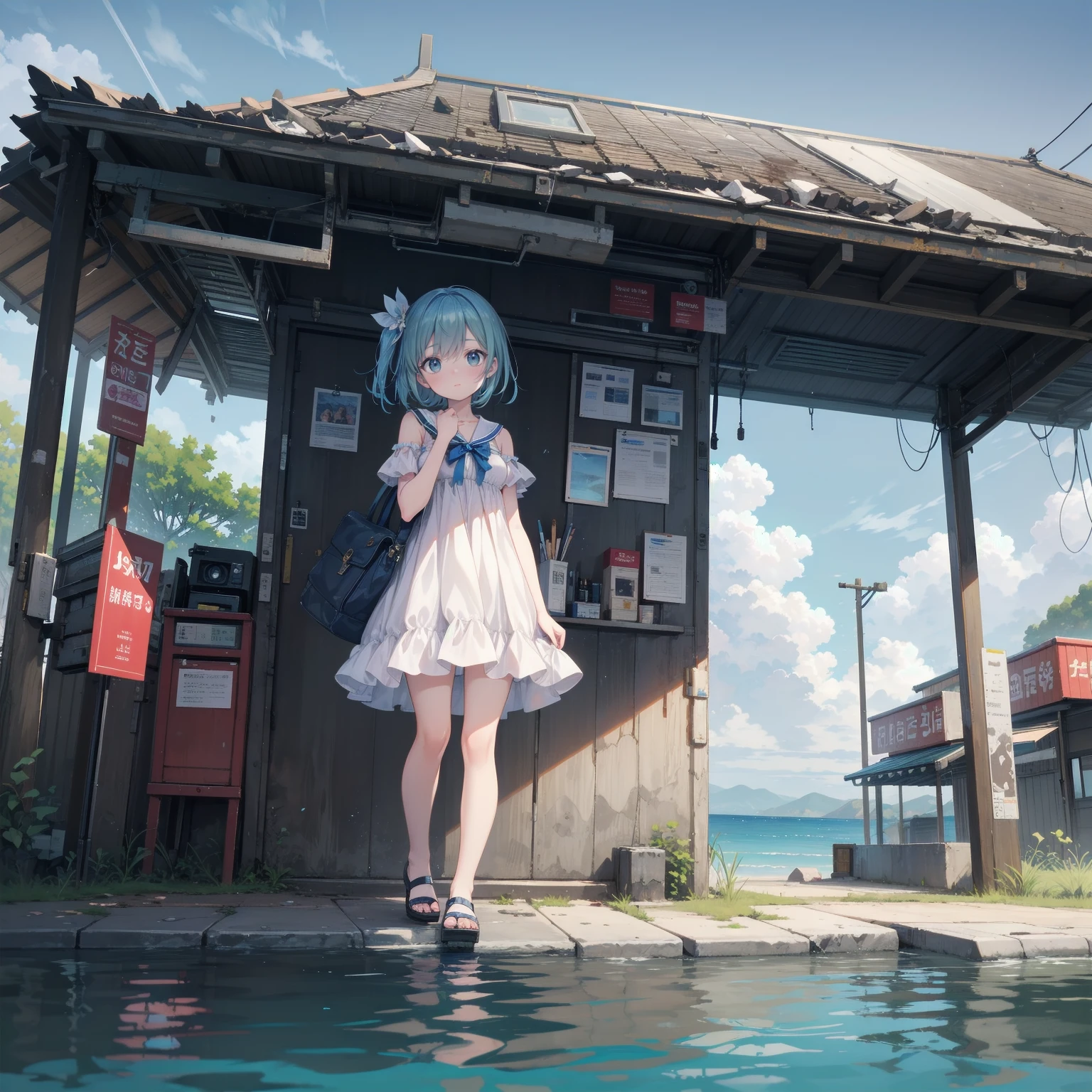 masterpiece, best quality, high resolution, extremely detailed CG, Post-apocalyptic, a girl in a white dress on a broken white platform on the sea, a deserted bus stop on the platform, a few pieces of concrete scattered in the water, blue sky, fresh, simple, pastel colors