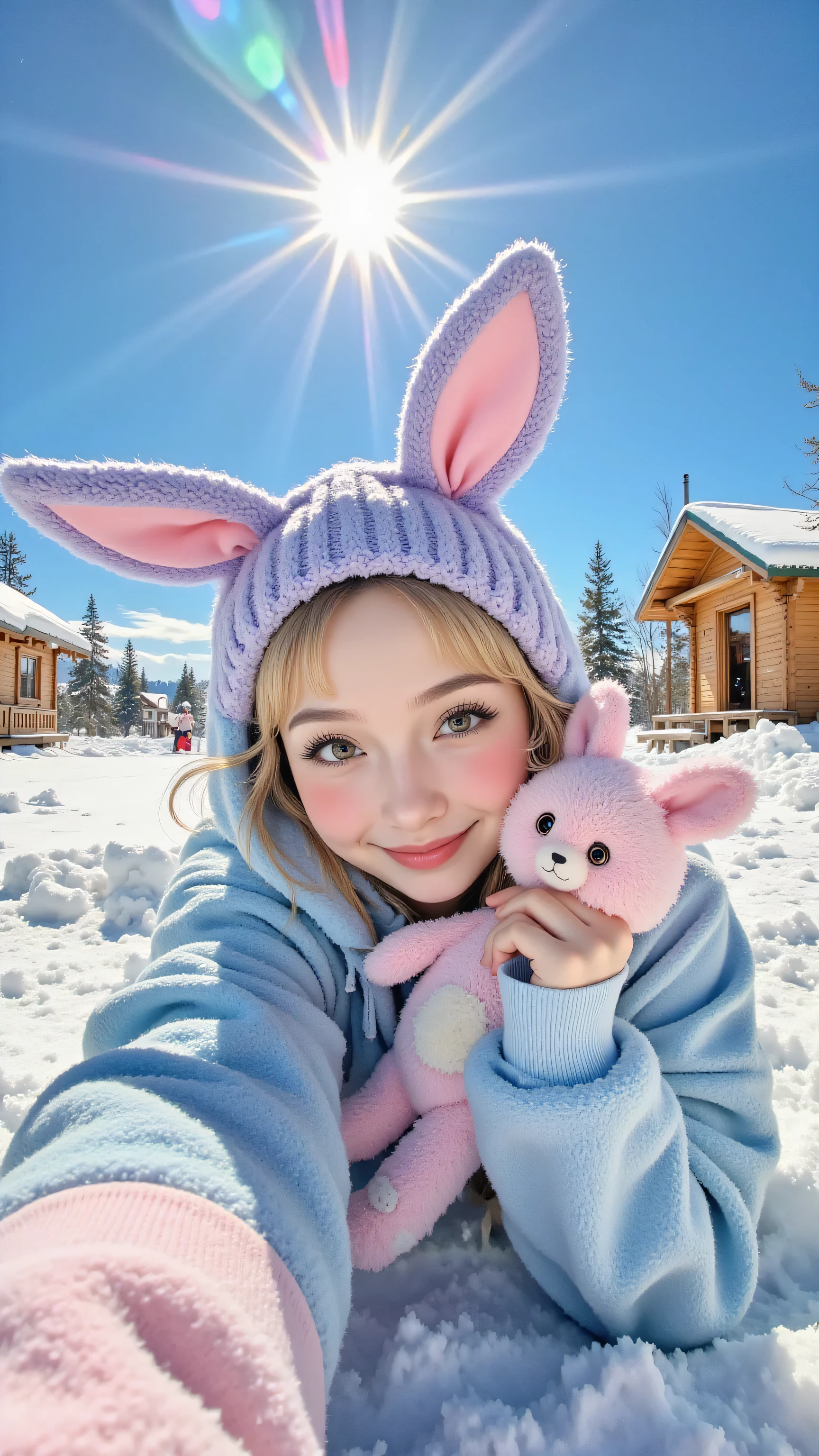 8k, Masterpiece, Top Quality, First-person perspective, looking down at a young woman lying on her back in the snow, wearing a light pink long-sleeved shirt, a light blue hooded animal onesie with bunny ears, and a light purple knit hat, holding a small pink stuffed animal, smiling and looking up at the camera, bright sunny day with a clear blue sky and lens flare, snowy landscape with wooden cabins in the background.