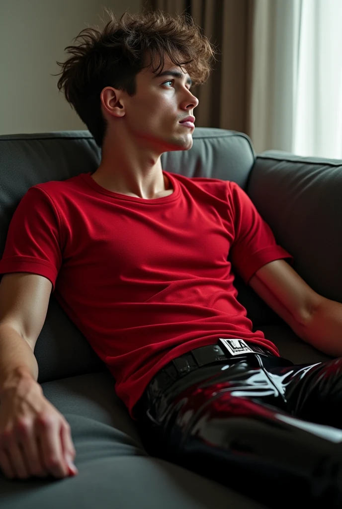A handsome man with, mid long,black hair with red shade sitting on a couch,facing at camera,holding a cigarette in his right hand, ultra realistic ,best quality 8k,dark theme, anime posses, muscular not so long hair