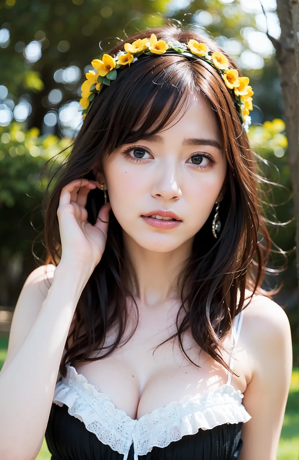 (realistic:1.3), finely detailed, quality, rembrandt lighting, (masterpiece:1.2), (photorealistic:1.2), (best quality), (detailed skin:1.3), (intricate details), dramatic, ray tracing, 1girl, japanese girl, 2, detailed skin texture, (blush:0.5), (goosebumps:0.5), subsurface scattering, smiling, medium breasts, long curls, bangs, hair between eyes, hair ornaments, ((purple) fairy dress:1.1), halterneck, turtleneck, lace embroidery, bare shoulders, strapless, dynamic pose,  (outdoors, garden, nature, flowers), 