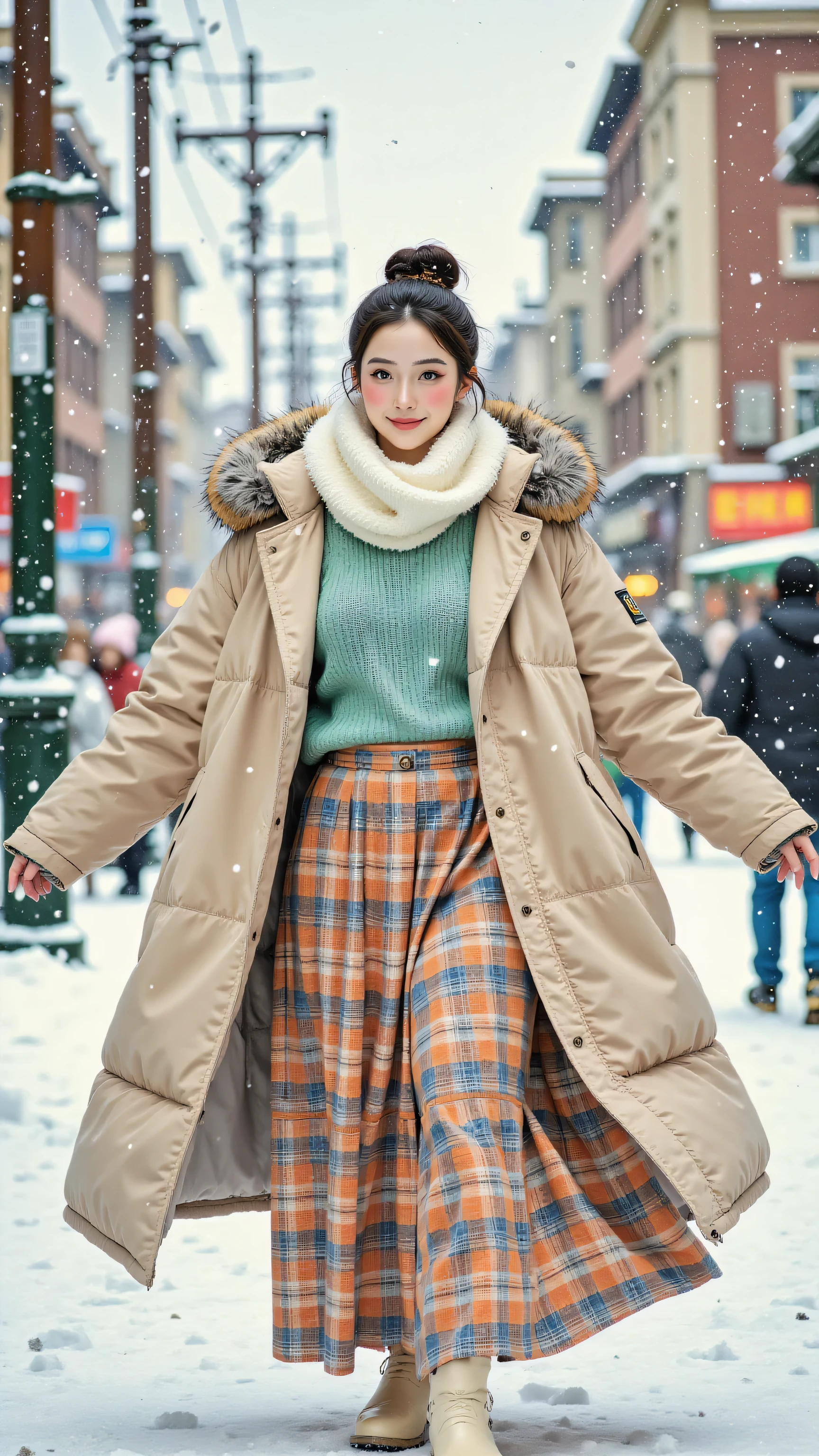 8k, Masterpiece, Top Quality, Full shot, eye-level viewpoint, woman with dark hair in a bun, fair skin, wearing a long beige parka with a fur-lined hood, a teal sweater, a long layered plaid skirt in orange, blue, and white, a thick white scarf wrapped around her neck, and light-colored boots, standing outdoors in a snowy urban environment with buildings and utility poles in the blurred background, arms outstretched as if enjoying the snowfall, overcast winter lighting with falling snow.
