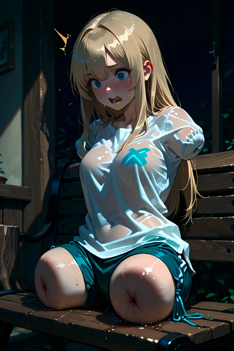 Penis inserted,inverted nipple,masterpiece, pubic hair, highest quality,blush,Depressed chikubi ,Pubic hair,yellow peeを漏らす裸の女の子,1girl,solo, sitting,spread legs, Sperm leakage, embarrassing, blush,yellow pee, (sweating:1.4),spread legs