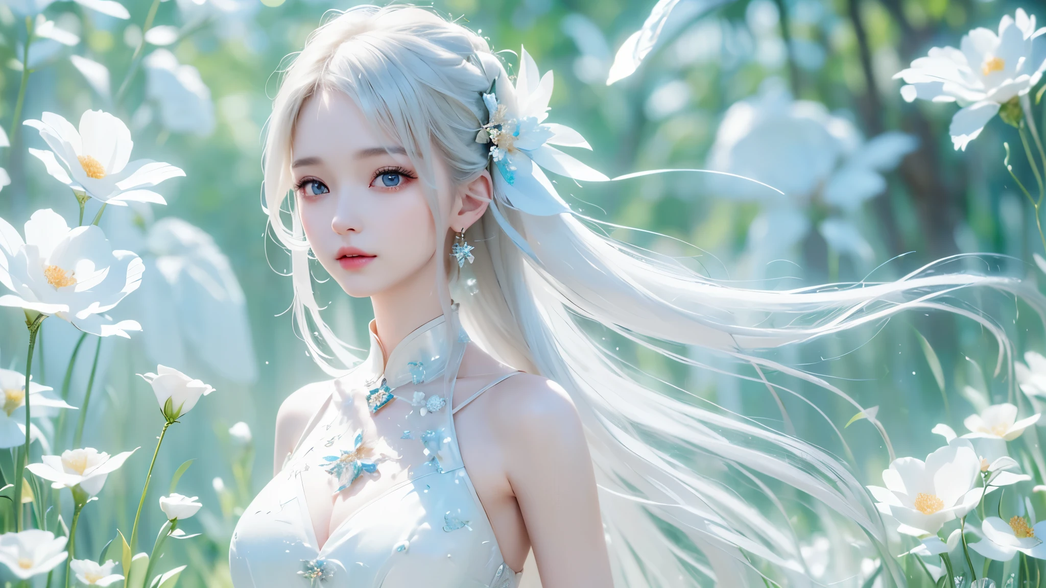white theme. ((masterpiece:1.5、8k、 portraits、フォトリアリスティックでvery well detailedなCG、very well detailed、Particle Effects、dynamic effects、writing boundary depth、 cinematic light 、lens flare on the back、ray tracing from the waist、table top to pinch、realistic:1.4、ultra high resolution:1.2、realistic、realistic))((one girl、, woman in a sexy dress:1.4、model with a modest body line、side bust、detailed face、 bright表情、 young, bright, Whiter skin、Great looks、ultimate beauty、Sparkling highlights for grey hair:1.8、 bright and shiny hair、Super Long, smooth, straight hair、fluttering hair in meadow))(Wonderful transparent flower々 、white background、 amazing background 、Thin petals fluttering down)
