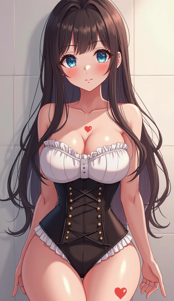 1girl, absurdres, high res, ultrasharp, 8K, masterpiece, looking at viewer, human, thighs, breasts, huge breasts, cleavage, long hair, bangs, hair ornament, multicolored hair, maid bikini, frilled bikini, black bikini, maid apron, filled apron, frills, unconventional maid, garter strap, garter belt, thighhighs, collarbone, frilled collar, blush