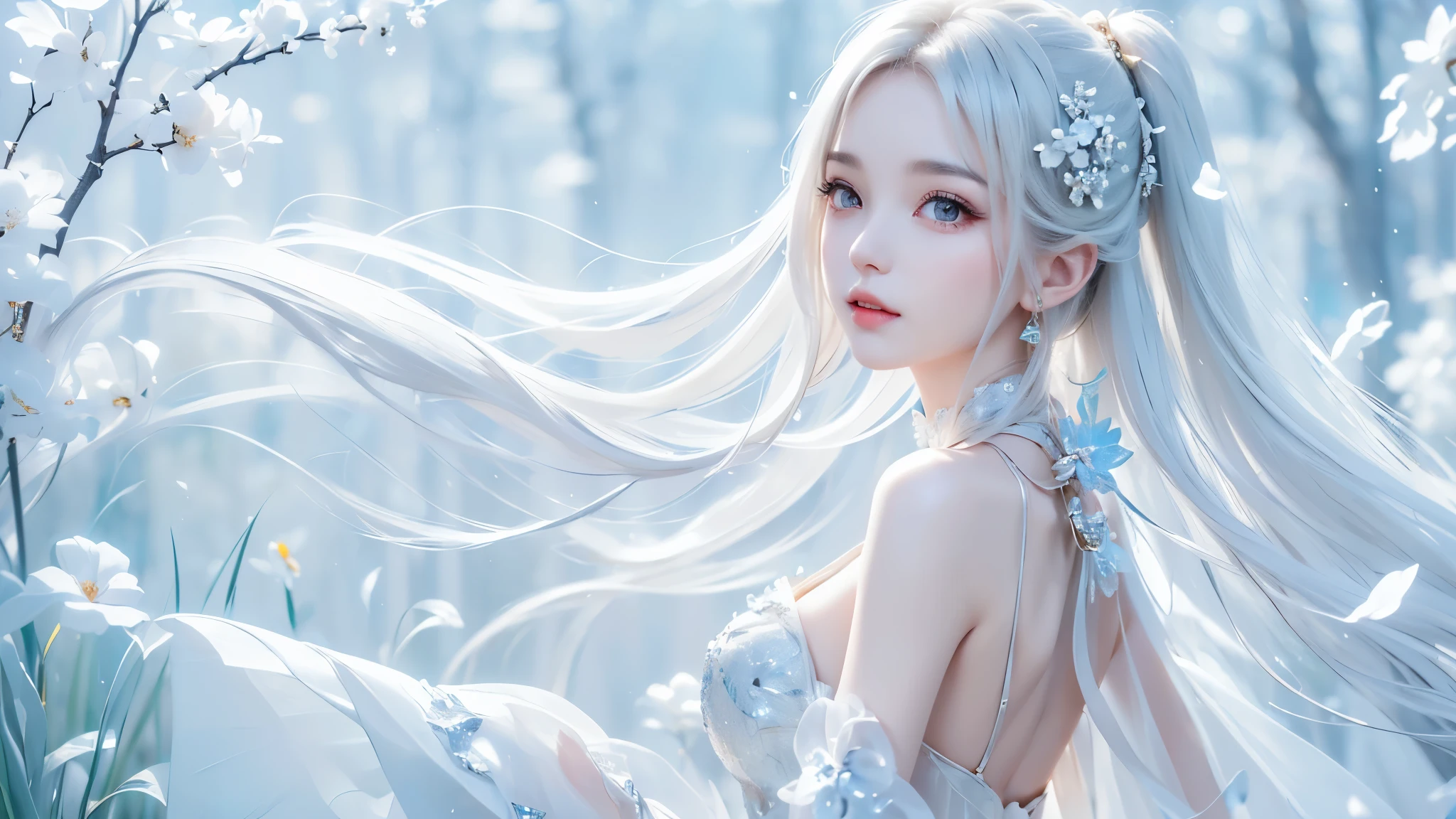 white theme. ((masterpiece:1.5、8k、 portraits、フォトリアリスティックでvery well detailedなCG、very well detailed、Particle Effects、dynamic effects、writing boundary depth、 cinematic light 、lens flare on the back、ray tracing from the waist、table top to pinch、realistic:1.4、ultra high resolution:1.2、realistic、realistic))((one girl、, woman in a sexy dress:1.4、model with a modest body line、side bust、detailed face、 bright表情、 young, bright, Whiter skin、Great looks、ultimate beauty、Sparkling highlights for grey hair:1.8、 bright and shiny hair、Super Long, smooth, straight hair、fluttering hair in meadow))(Wonderful transparent flower々 、white background、 amazing background 、Thin petals fluttering down)