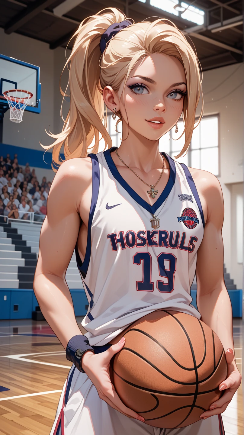Masterpiece, anime CG, girl, white spiked hair, wheat-colored skin, muscles, sports girl, wearing basketball uniform, smooth texture, silk texture, golden pupils, perfect eyes  