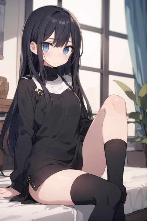 ((nsfw:2.0)),((All-black overcoat)),((A girl with long, dark hair))、((Beautiful sparkling blue eyes)),((hair over one eye))、(cute),(Moe sleeves),(Black knee socks)、((Sweaty、Embarrassed)),((M-shaped legs))