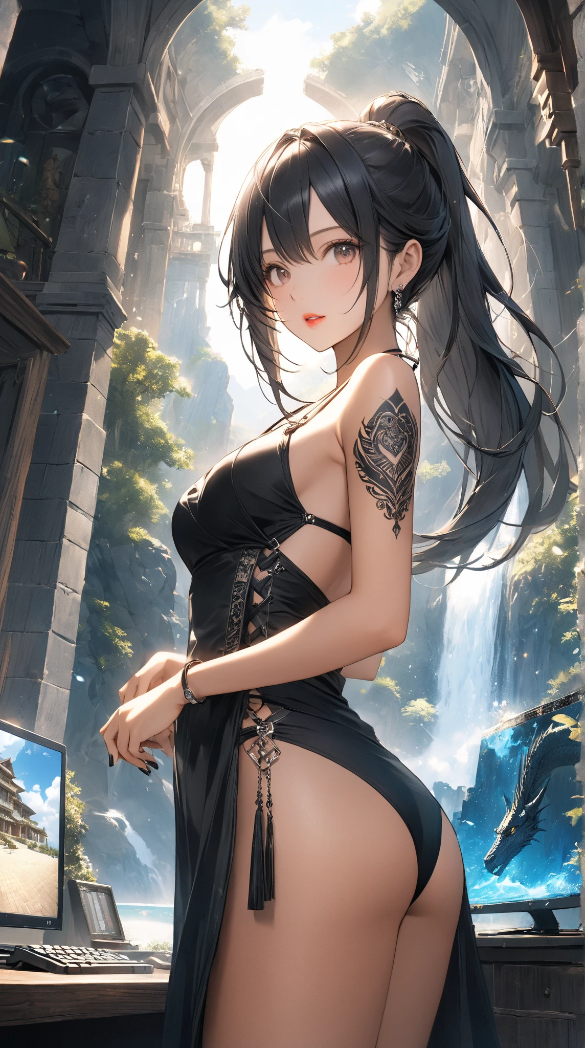girl, devil, waterside, detailed face, Pose shooting, masterpiece, high contrast, best quality, best image quality, Mystical scene
