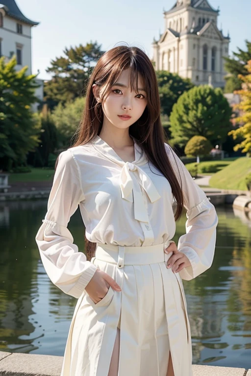 (Best quality, Masterpiece,16k), 1girll, Korean girl,18yr old,Absolutely beautiful, Amazing, In the park,Under the peach blossoms,Noble,perfect bodies, Perfect face shape,Charming eyes,Bright big eyes,Long eyelashes,sensual lip,White skin,The gauze skirt flew up,Very real,goodlooking,Ethereal beauty