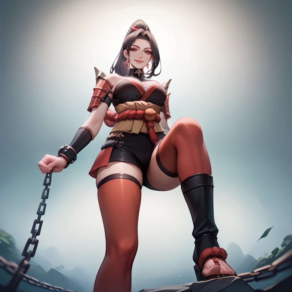 masterpiece, ultra detailed, 8k portrait, RAW photo, portrait photography, highly detailed face, beautiful and meticulous eyes, ((Fantasy)), 1 woman, solo, Young beautiful, dynamic pose, (black blindfold:1.5), (((brown long straight hair, forehead))), ((slave trader)), armpit, wood necklace, clergy hat, (((crimson red silk long loincloth))) fluttering in the wind, (((leather boots))), (((tight short pants))), (((holding a chain))), Midday Sun, hyper realistic, Body model, small breasts, Beautiful breasts, Long legs, in the medieval crowded street, Ambient lighting, Shadow details, Camera focus on face, strong breeze, Light fog