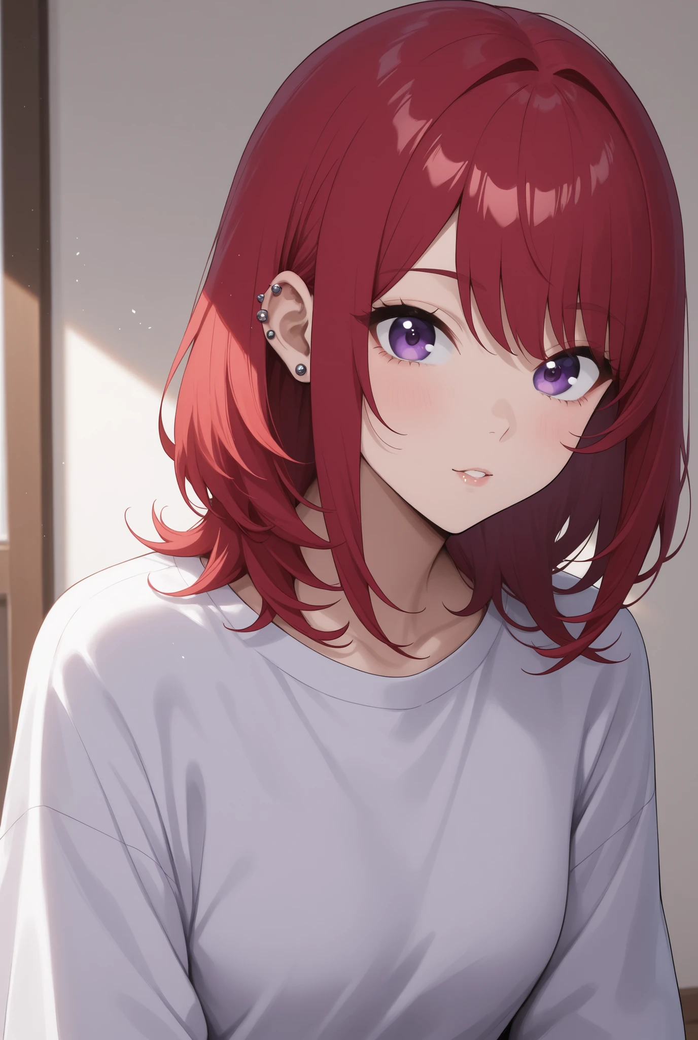 red hair、、piercing、  medium hair, purple eyes
