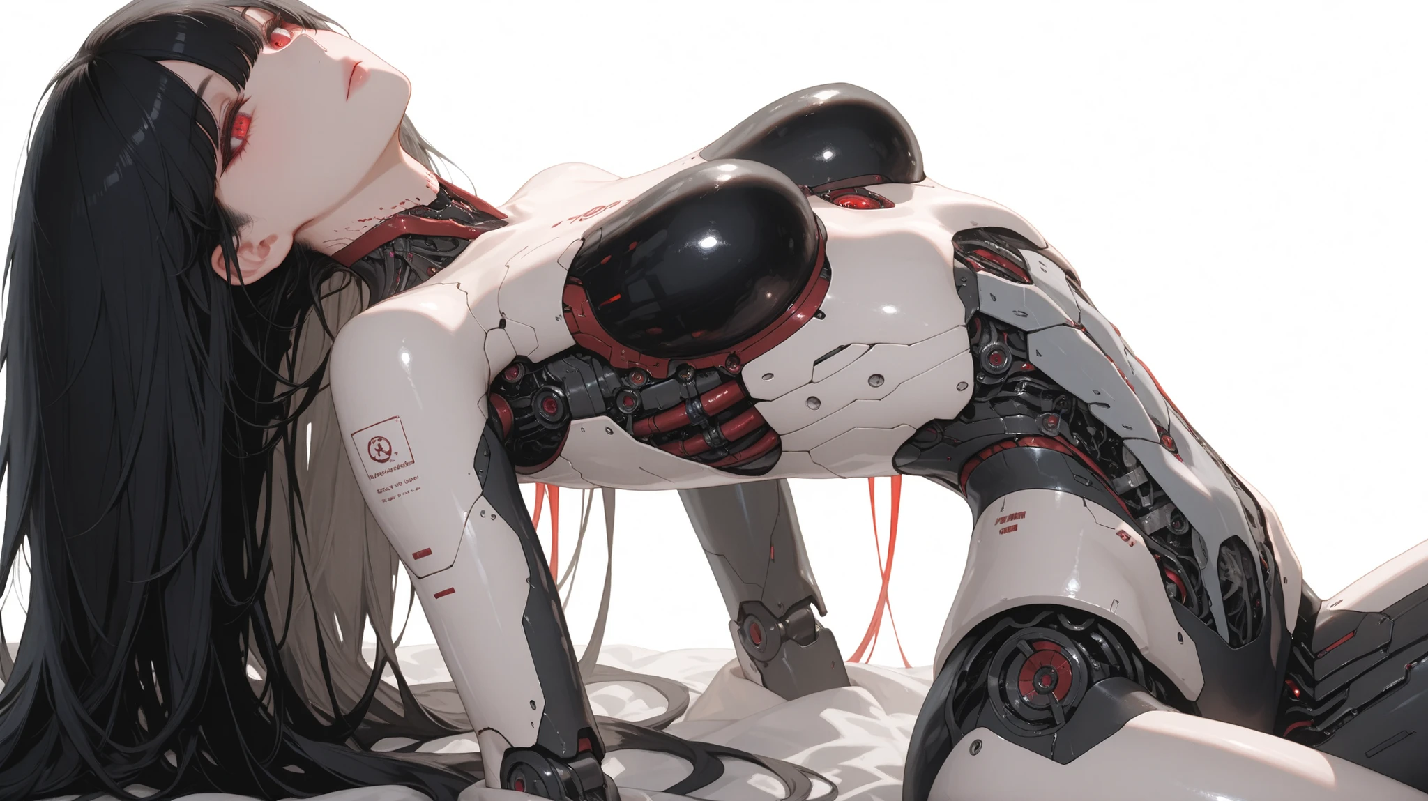 beautiful woman in silya room, longhair, Bare, nude, (Cyborg Body:1.3), black hair, Super delicate hair, detailed hair, Crimson Eyes, embossing is visible from the neck down, Prosthetic Body , There are no organs in the body, turn your back, knee dripping into the background, white background, simple background, Super Detail, 8k, masterpiece