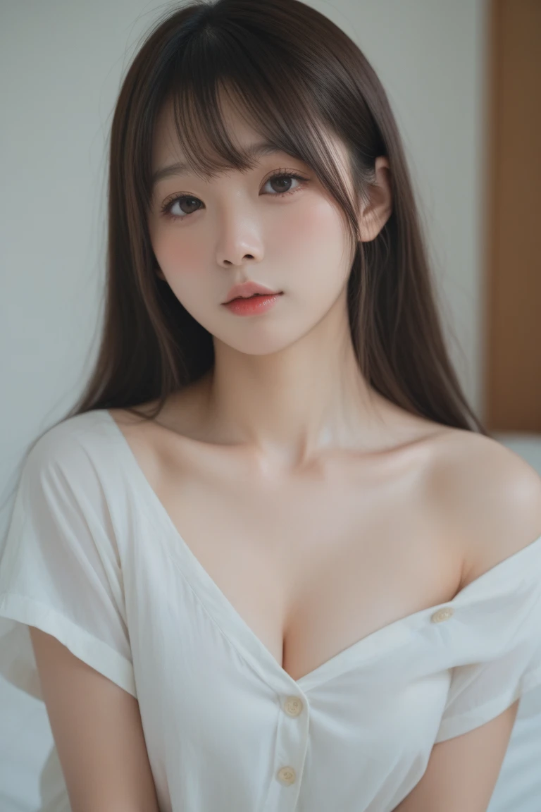 ???????, Big Tits, High school girl idol、?????, Realistic Breasts, Portrait photography best quality、 Super detailed、High resolution、, Super detailedな, Long Hair、Straight bangs, Light blonde hair, Shrine maiden, White Chinese Dress、Gray Background、Bring to the front、Proudly,　necklace, 14 years old, , The background is moon white, Beautiful junior high school girl, Brown eyes, Beautiful high school girl, Gray Background, ???????, Show the left and right nipples properly, , Buried nipples, Slim, A face enduring the cold, Navy blue tie, Checkered pleated skirt, smile, huge breasts