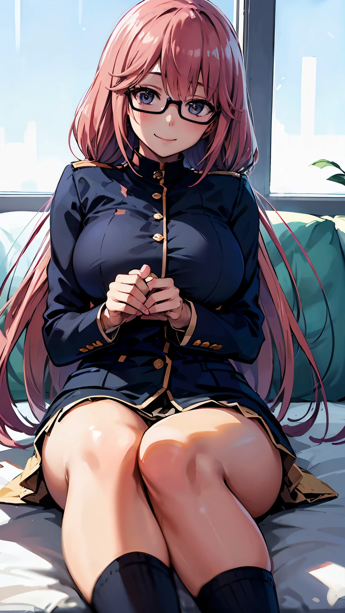 glasses、pink hair、uniform、soft atmosphere in natural light、、Beautiful Girl、pure、 Glossy、Smile、light and shadow、masterpiece、Super advanced details 