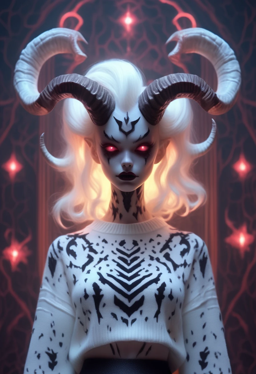 (beautiful black and white demon:1.5), (carnage:1.5),(beautiful female model:1.5), (white demoness with Large horns:1.25), (covered in thick white suit:1.5), (exposed perfect anatomy:1.5), high detail, best quality, masterpiece, finely detail, realistic skin texture, 85 mm art lens, f 1.2, sharp focus, 8 k high definition, insanely detailed, intricate, white background, glowing white eyes, dark hair, glowing white light in the background, beauty boobies