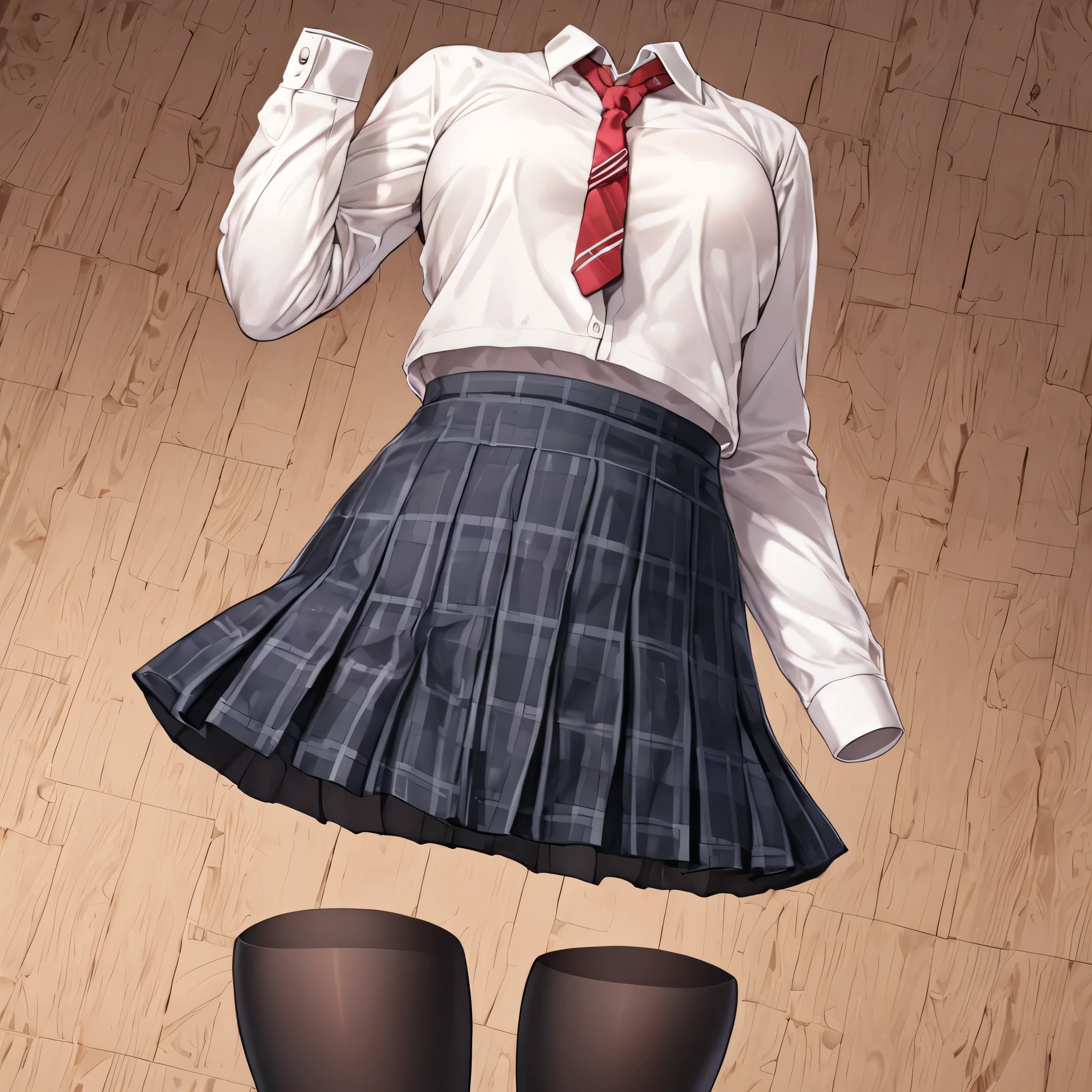 (invisible:1.5, no humans:1.5, headless:1.5, faceless:1.5), (plaid skirt, school uniforms, lifted skirt, panties, black pantyhose:1.2), (big breast), (best quality, masterpiece:1.2), detailed cloth texture, detailed anime, super fine illustration
