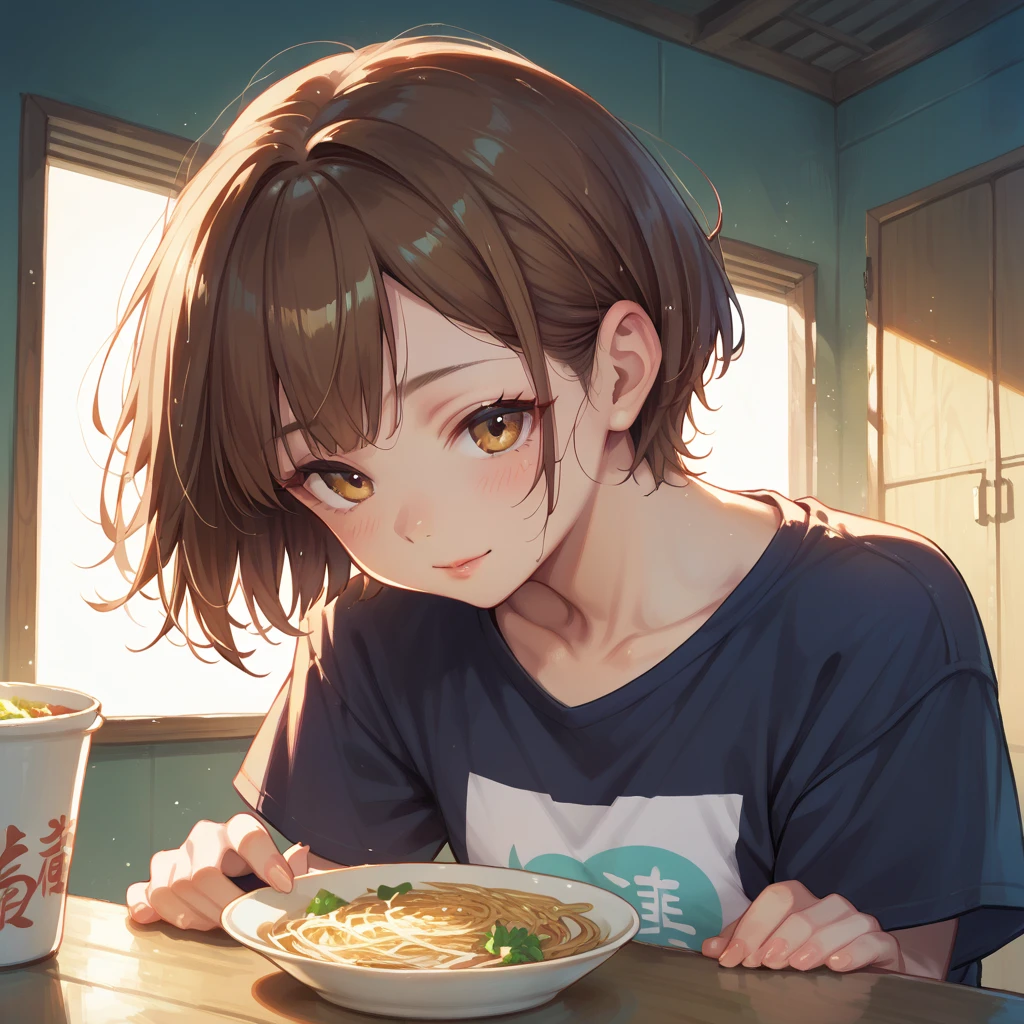 Illustrations for children's picture books,realistic, detailed illustration,A magical moment capturing Aya with short brown hair taking her first bite of the special bento. chopstick, As she eats, a translucent, gentle image of her mother's smiling face appears around her like a warm, glowing aura. Aya's expression is transforming from sadness to joy, her eyes widening with wonder and her mouth curving into a smile. Sparkles of light emanate from the bento, surrounding Aya and intermingling with the illusion of her mother. The background fades into a soft, dreamy blur, emphasizing the emotional impact of the moment, (focus on lunch box:1.2)., hand-painted style, digital art touch,(illustration:1.5), (Watercolor:1,2)