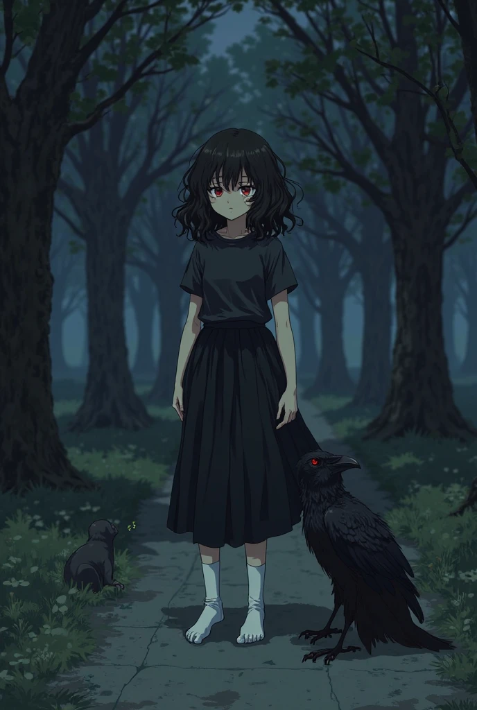 Girl with medium curly hair, wearing long black skirt , black t - SeaArt AI