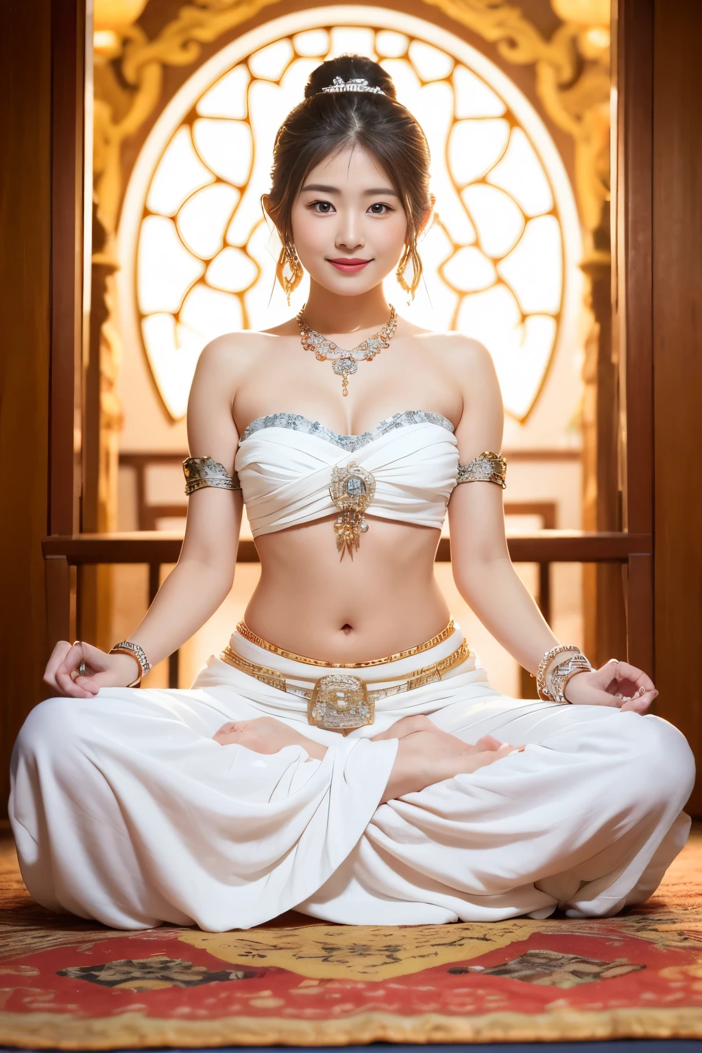 Guanyin bodhisattva fullbody sit meditate praying pose smile faintly wear white strapless wrap with white long sarong and Wearing a jewelry Bracelet and hair bun style in wedding jewelry open navel, white background