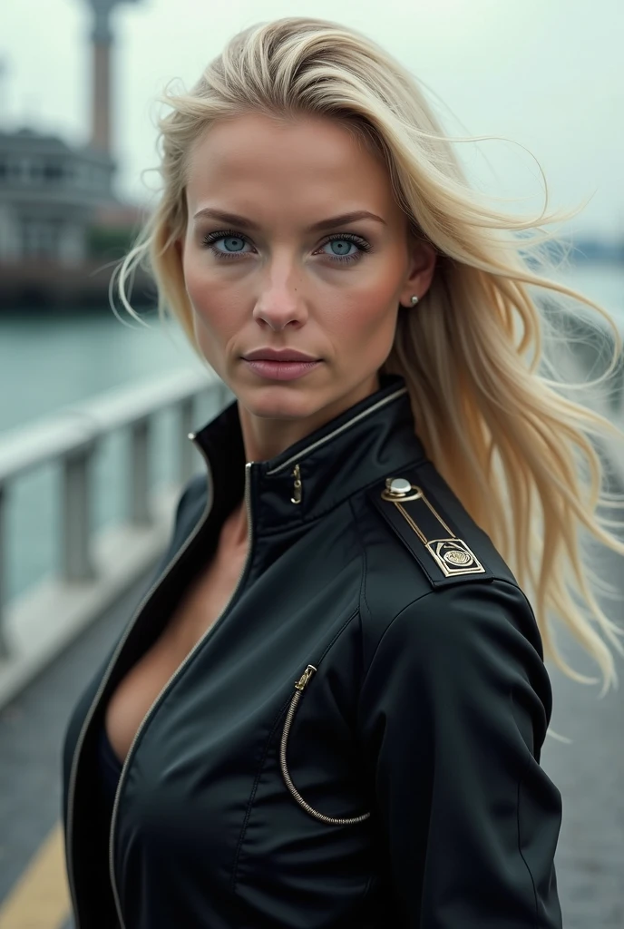 sexy french model, Beautiful smile, lip gloss, Dramatic make-up, close-up photo, (large sparkling necklace), (sparkling big bracelets), Daytime scene, In the background is a large shopping center., improve, (((platinum blonde, stylish hair))), ((Business style in dark gray with a leather jacket in dark indigo color)), sweet and sexy, seductive look, ((((riding a motorcycle in a field)))), (potato harvest)