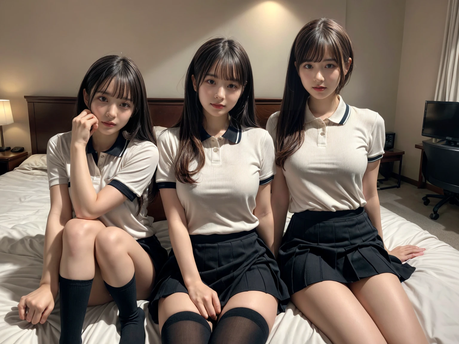 masterpiece, best quality, illustration, Super detailed, fine details, High resolution, 8K,wall paper, perfect dynamic composition,(Details High quality, realistic depiction of eyes:1.3), (2 girls), (collared polo shirt), pleated skirt, knee high socks, twin tails, in a hotel room in the background, deep on field, large breasts, black hair color, Big Natural Color Lip, (perfect body shape), crying a little、Harajuku style、20 year old girl、cute type、beautiful legs, Gravure Idol