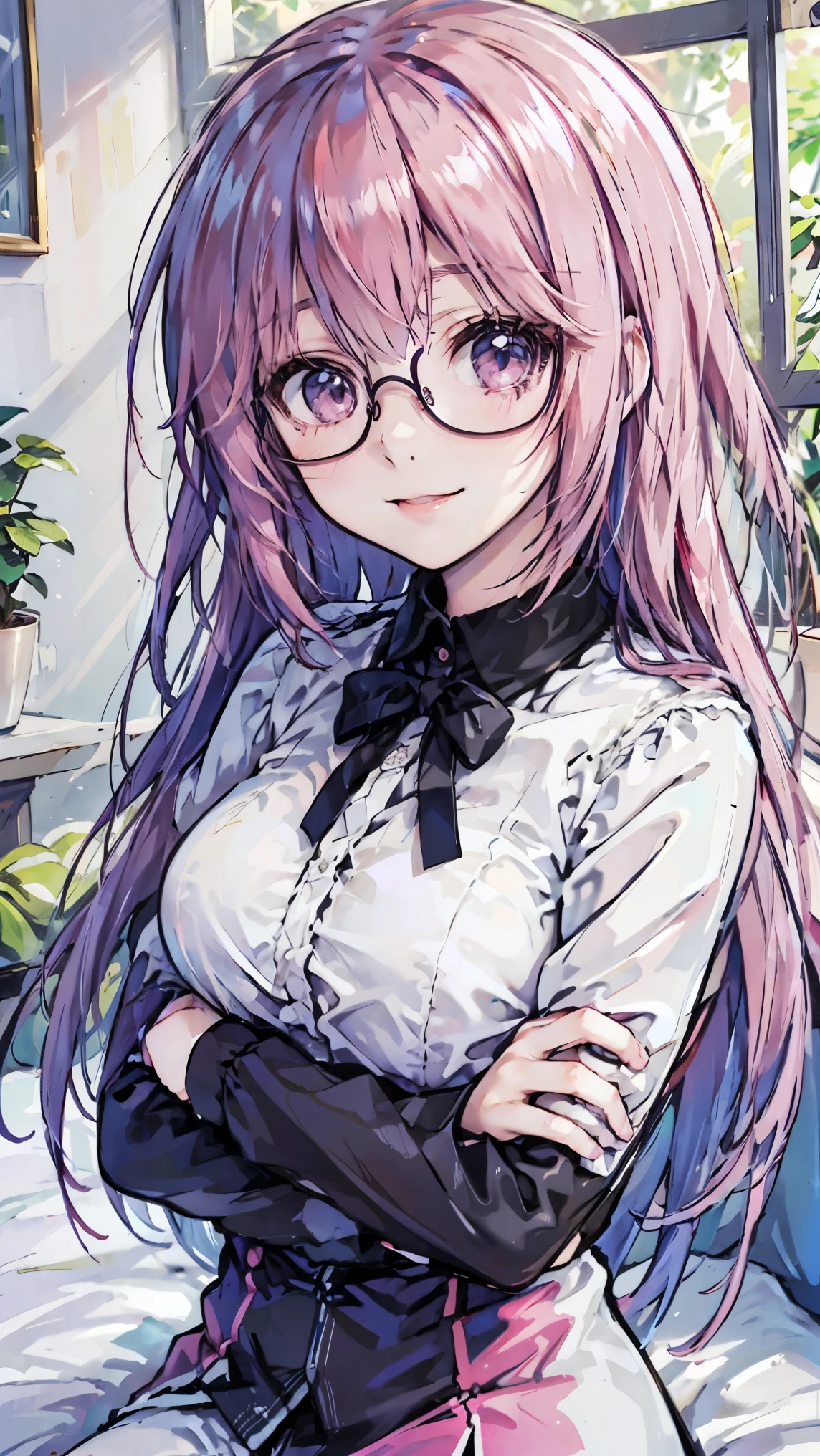 glasses、pink hair、uniform、soft atmosphere in natural light、、Beautiful Girl、pure、 Glossy、Smile、light and shadow、masterpiece、Super advanced details 、Unique hairstyle、long hair、bed、with arms crossed