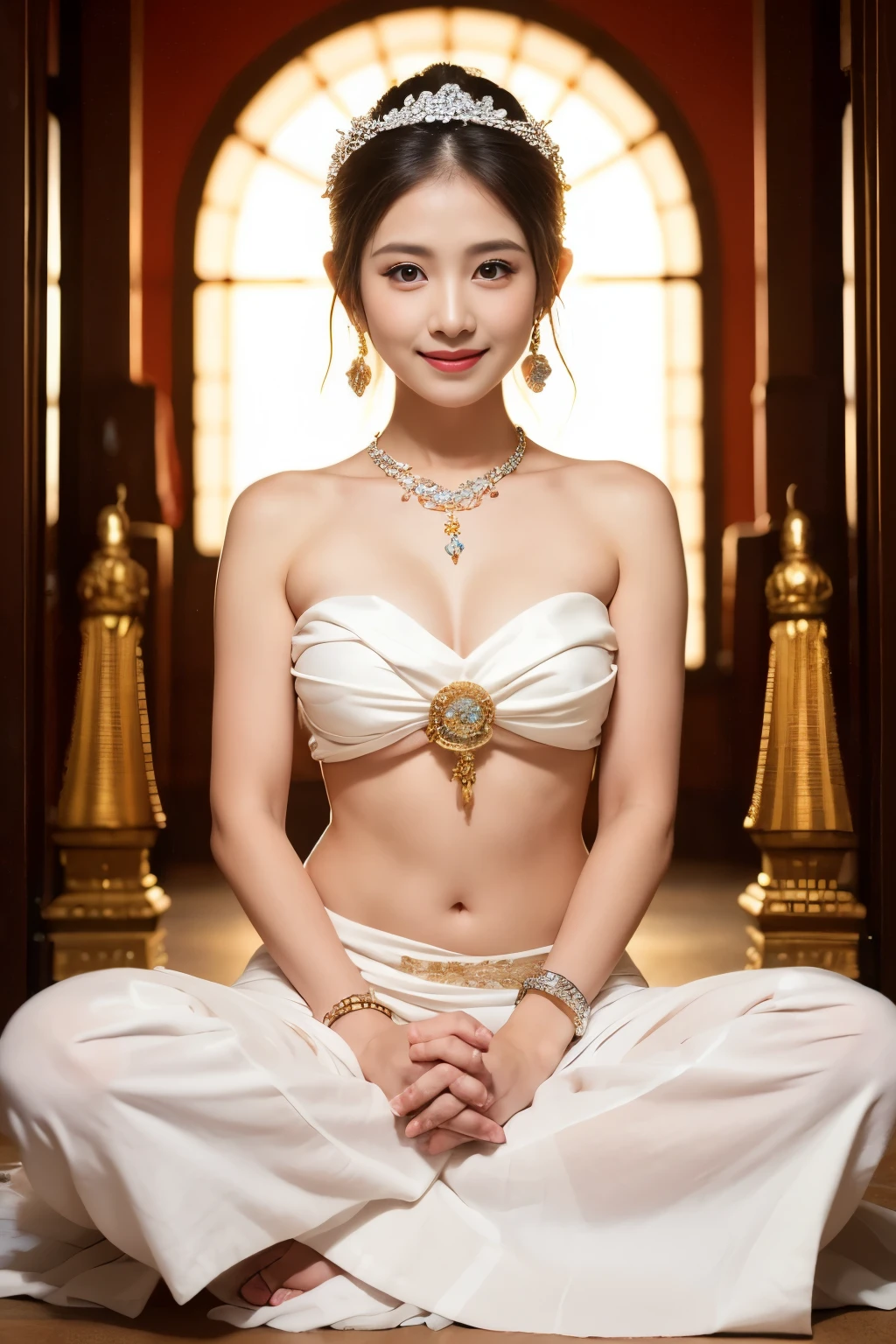 Guanyin bodhisattva fullbody Sit cross-legged praying pose smile faintly wear white strapless wrap with white long sarong and Wearing a jewelry Bracelet and hair bun style in wedding jewelry open navel, white background