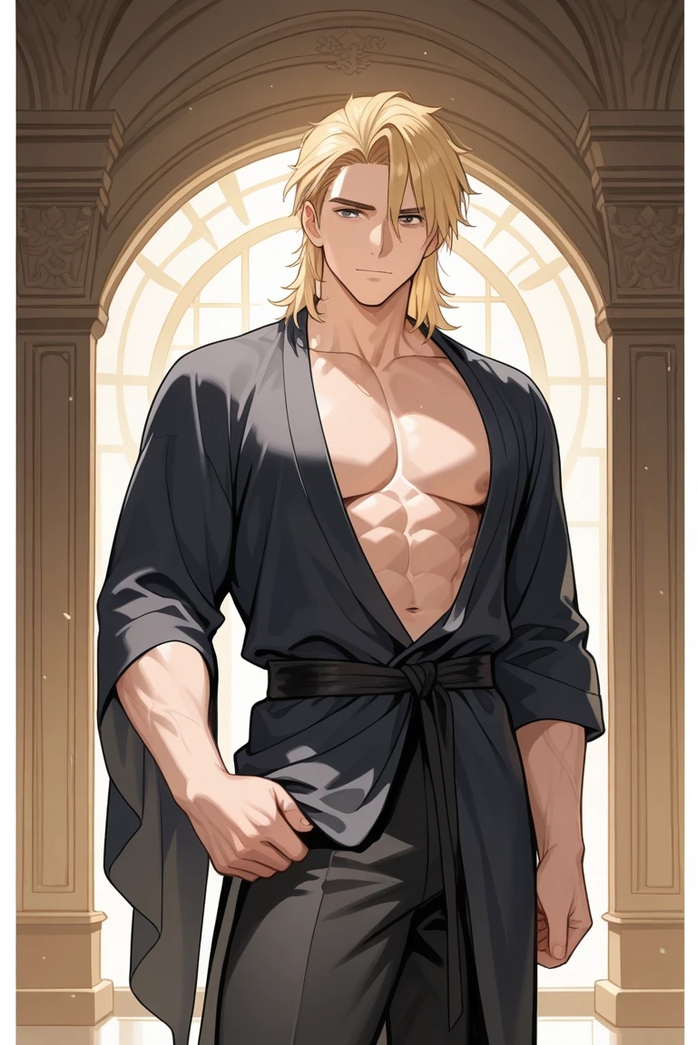 Indian boy ,black blazer, abdomen, wearing no shirt, Wide formal pants, mascle, hair blonde, medium length, perfect facial symettry, perfect nose, Beautiful Beautiful Smile, Almond Eyes and Korean. One mascle, standing alone, single person, smile cute. wolf cut. Single mascle, A person. Single Character , original body look