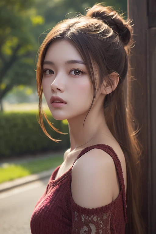 (((1 indian girl))), (wearing Pink top), (((wearing red skirt))), black hair, bangs and 1 long ponytail, the ponytail has a (((red ribbon))) at the end, round face, portrait, oil painting, modern, realistic proportions, beautiful face, symmetrical face, symmetrical eyes, dynamic pose, intricate, intricate details, sharp focus