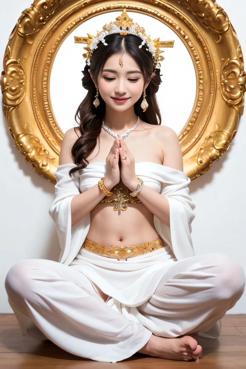 Guanyin bodhisattva fullbody Sit cross-legged ((praying pose)) smile faintly wear white strapless wrap with white long sarong and Wearing a jewelry Bracelet and hair bun style in wedding jewelry open navel, white background