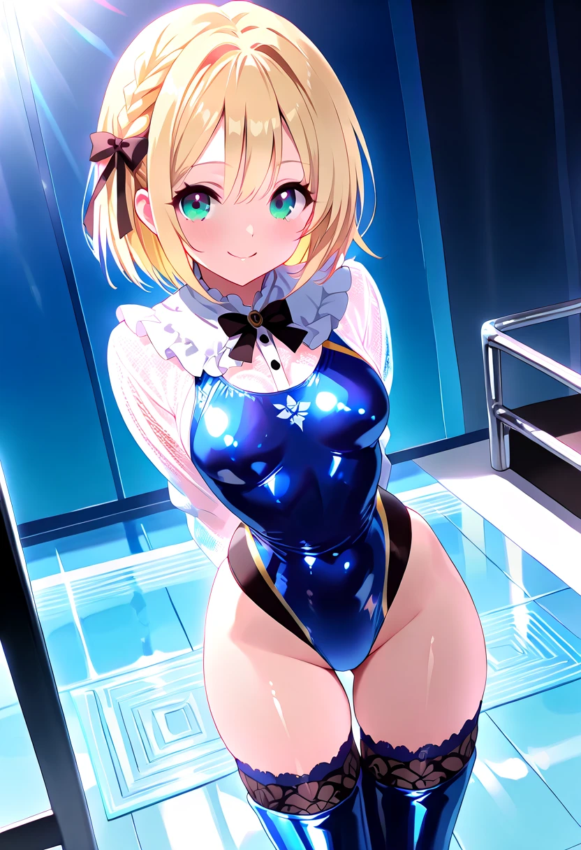 1girl, solo, breasts, looking at viewer, blush, smile, short hair, open mouth, bangs, blue eyes, blonde hair, thighhighs, bow, navel, animal ears, cleavage, bare shoulders, tail, ahoge, thighs, detached sleeves, black thighhighs, bowtie, armpits, nail polish, rabbit ears, arms up, leotard, wrist cuffs, clothing cutout, detached collar, blurry background, fake animal ears, highleg, blue bow, playboy bunny, rabbit tail, black leotard, highleg leotard, blue nails, blue bowtie, navel cutout, bunny pose