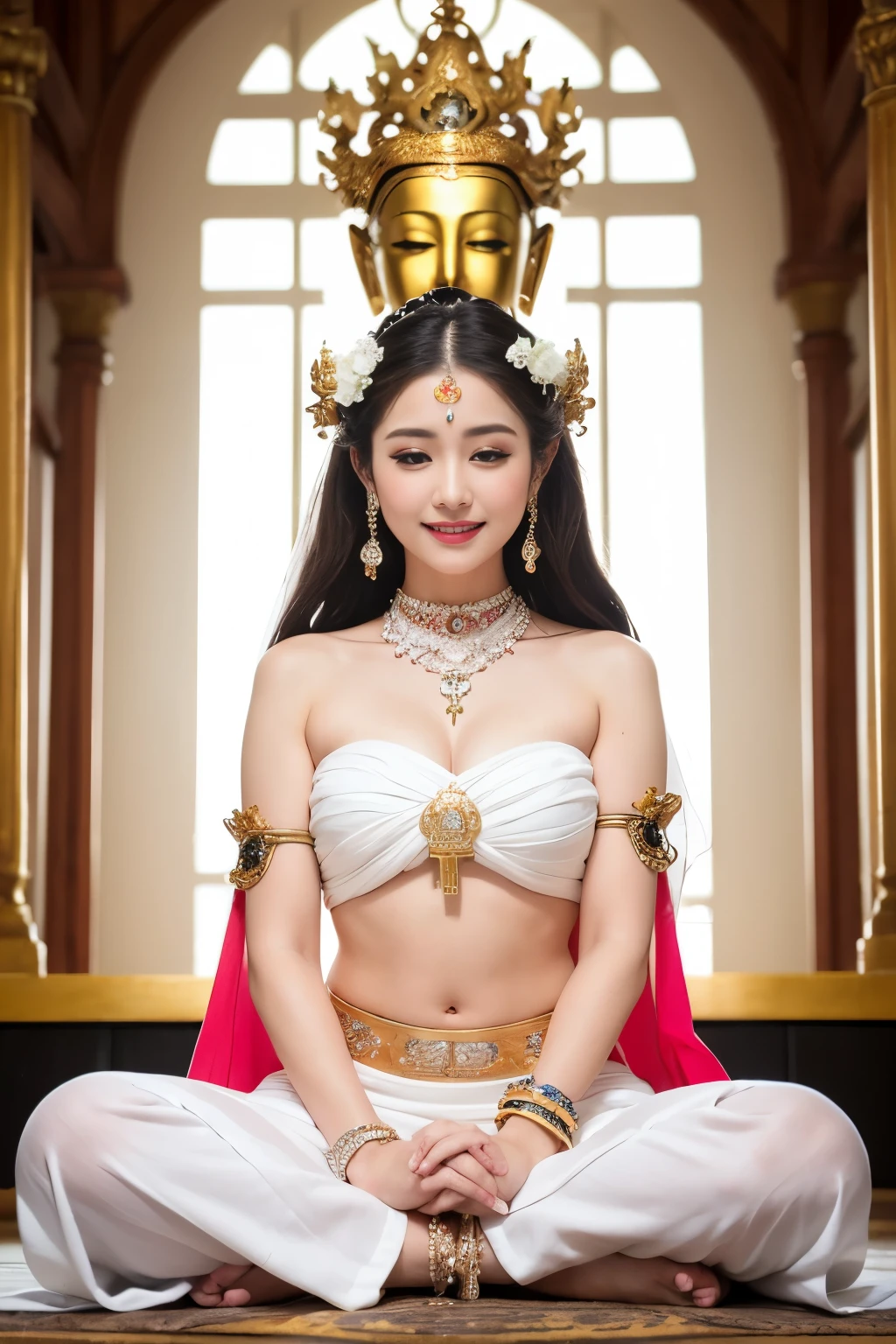 Guanyin bodhisattva fullbody Sit cross-legged ((praying pose)) smile faintly wear white strapless wrap with white long sarong and Wearing a jewelry Bracelet and hair bun style in wedding jewelry open navel, white background