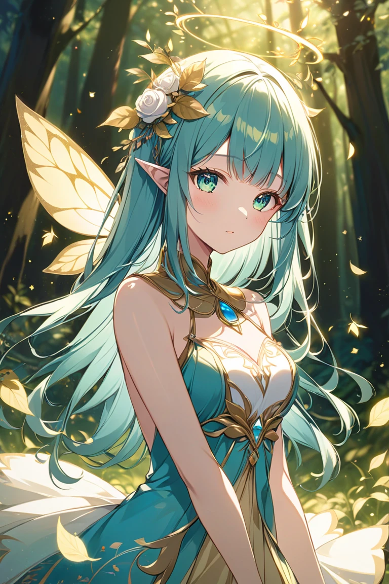 obra prima, melhor qualidade, anatomicamente correto, aspecto de capa de anime, (1 mulher alada), (aquamarine green hair), dragonfly wings, (asas nas costas), orelhas pontudas, fada, graciosa, Medieval heroine, roupas folgadas